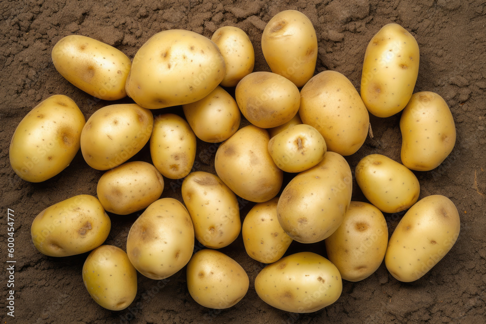 The heap of potatoes on the ground, top view, Generative AI The heap of potatoes on the ground, top view, Generative AI