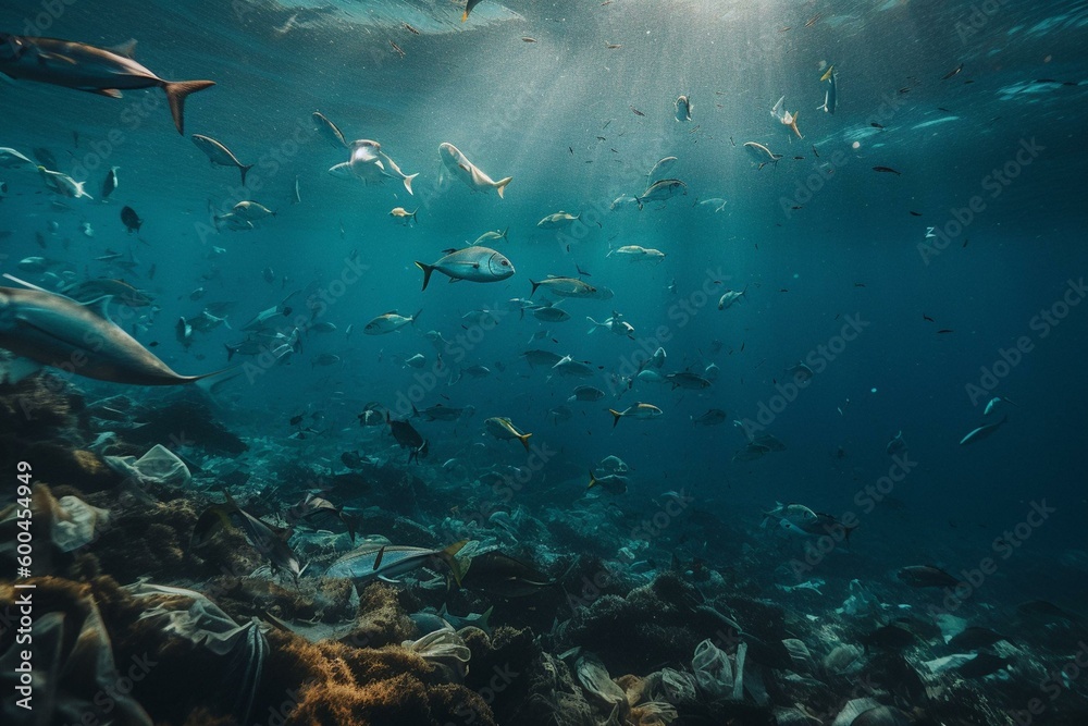 Ocean pollution: waste among fish in sea. Generative AI