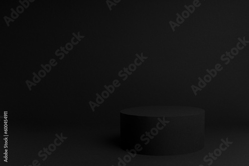 Abstract black stage with one round podium mockup for presentation cosmetic products, goods, advertising, design in soft gradient color, in elegant rich style.