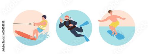 Round icon frame with happy people having fun enjoying extreme water sport activity and recreation