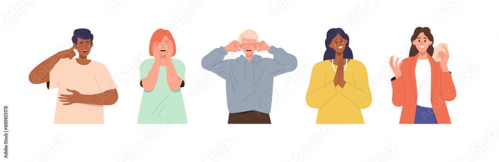 Set of different happy and unhappy people characters in tears crying feeling various emotions Set of different happy and unhappy people characters in tears crying feeling various emotions