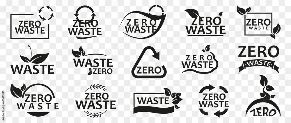 Zero waste logo emblem collection. Set of zero waste icons. Black zero waste symbol
