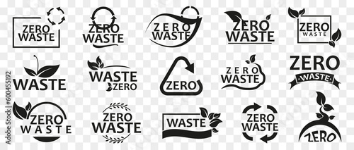 Zero waste logo emblem collection. Set of zero waste icons. Black zero waste symbol