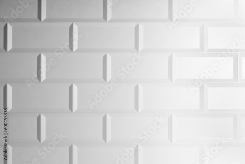 White and grey glossy rectangle ceramic tile as texture with gradient, pattern, abstract background, top view. Elegant mediterranean tile for pool, bathroom, kitchen, toilet.