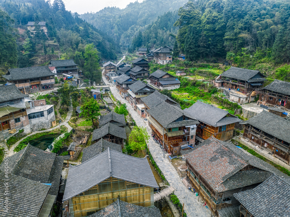 ancient village wooden houses in the mountains