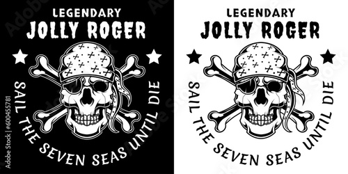 Black and White Vintage Pirates Skull Head and Crossbones Vector Illustration