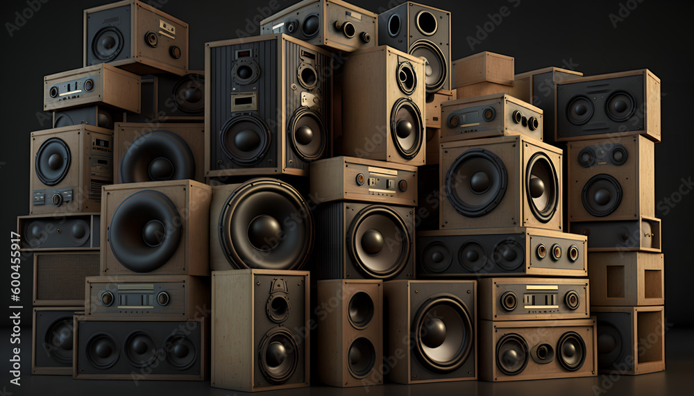 Obraz premium A large stack of vintage music audio speakers