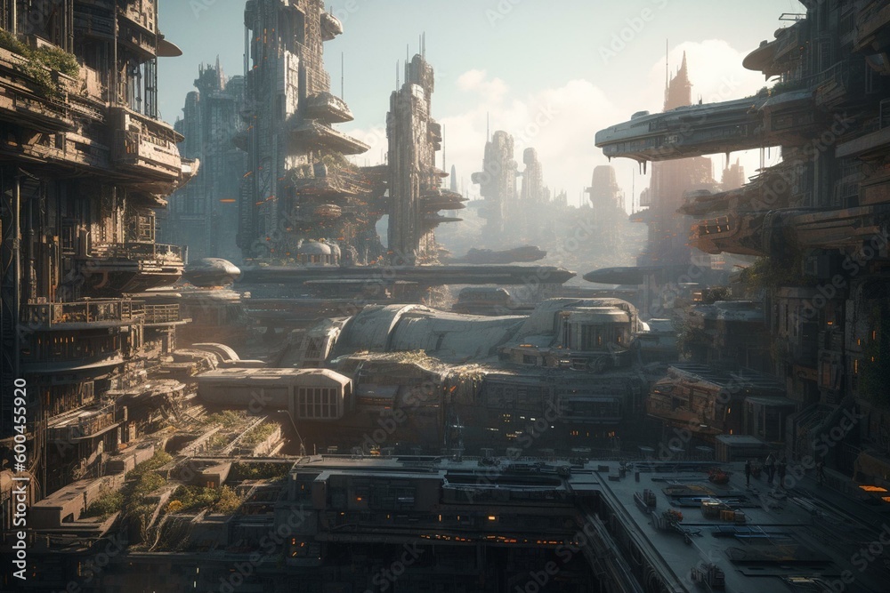 A sci-fi metropolis depicted in a 3D rendering. Generative AI