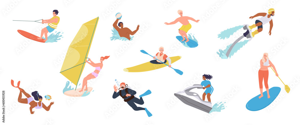 Set of people enjoying extreme water sport activity spending outdoor summer time at seashore - obrazy, fototapety, plakaty 