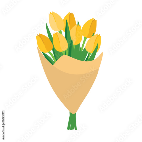 Beautiful bouquet of yellow tulip flowers flat design on white background.