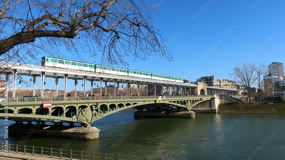Rame de métro parisien circulant sur le pont de Bir-Hakeim au-dessus de la Seine à Paris (France)