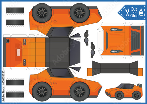 Kids paper craft template. Cut and glue a paper racing car. DIY papercraft cutout puzzle auto toys. Activity worksheet for children. Vector printable education game. Create to race vehicle birthday de