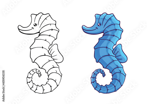 Children's coloring page with a cartoon funny seahorse. Line drawing with an example of a painted colorful sea animal. Clipart with funny underwater characters. Kids education activity page and worksh