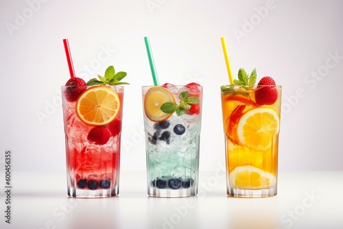 Three fruity drinks on a white backdrop, embellished with straws and toppings. Generative AI