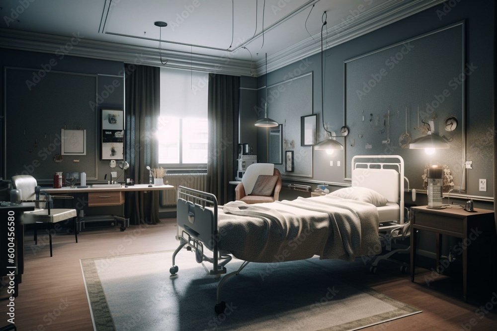 3D-rendered hospital room featuring a bed and table. Generative AI