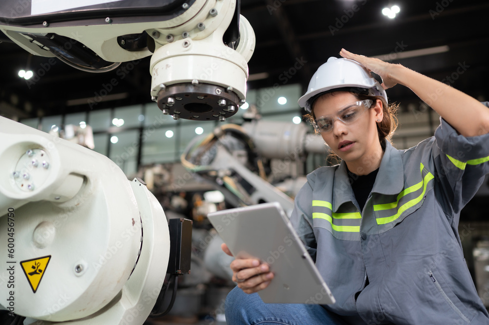 A female engineer installs a program on a robotics arm in a robot warehouse. And test the operation before sending the machine to the customer. A female engineer installs a program on a robotics arm in a robot warehouse. And test the operation before sending the machine to the customer.