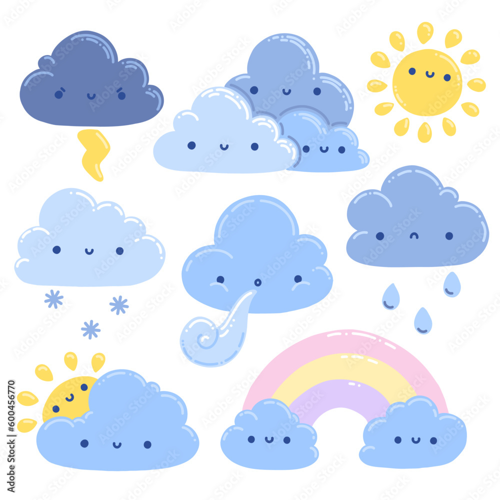 Set of clouds, sun and rainbow in kawaii style. Study weather with fun and joy. Cute character design. Colorful vector doodles.