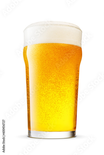 British style imperial pint glass of fresh yellow beer with cap of foam isolated. Transparent PNG image.