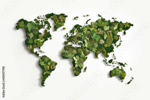 abstract illustration of world map made of greenery plant isolated on white background concept, generative ai.