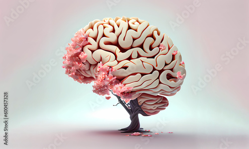 A realistic human brain merged with a vibrant cherry blossom tree, representing the concept of self-care and mental cognitive health. Generative Ai. photo