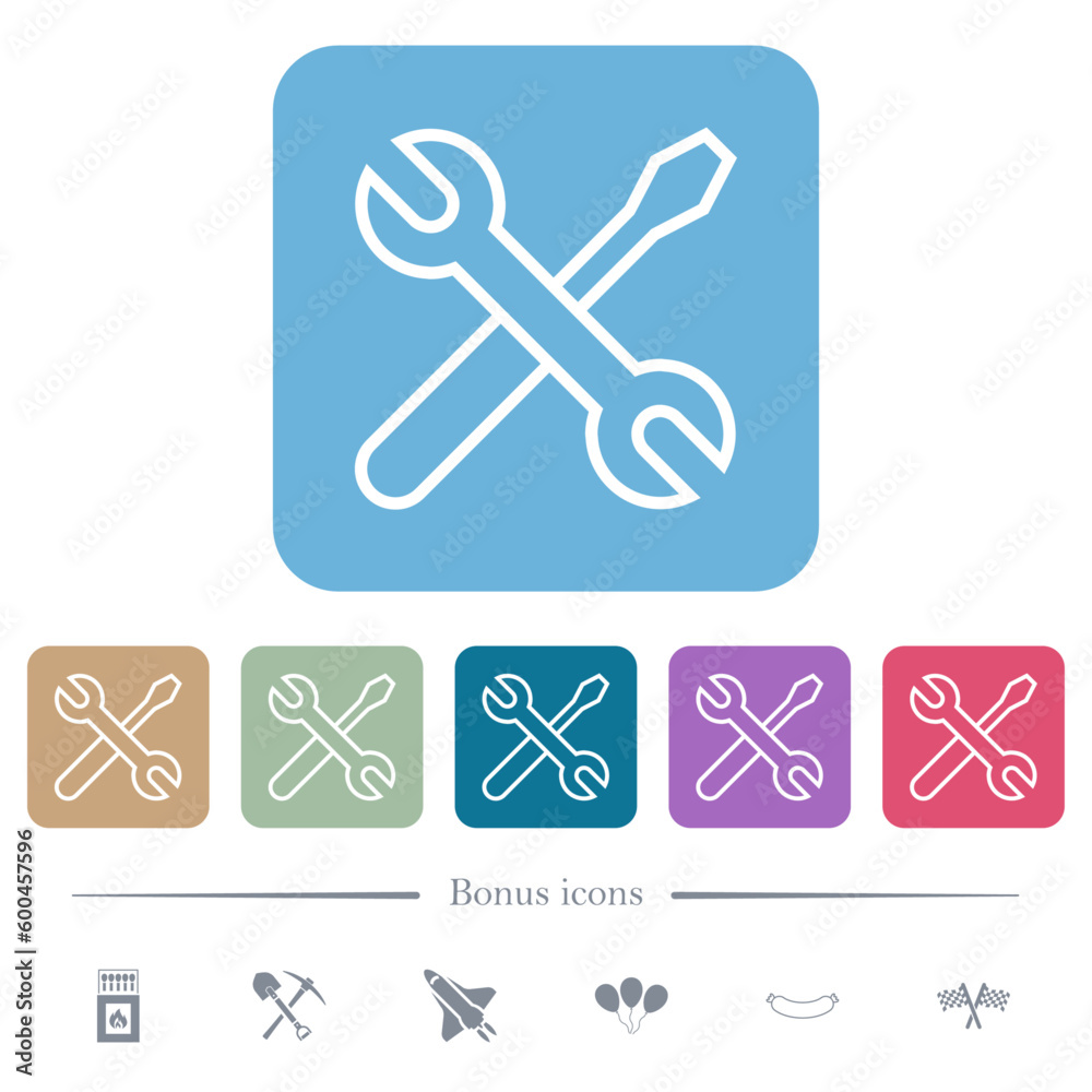 Crossed wrench and screwdriver outline flat icons on color rounded square backgrounds Crossed wrench and screwdriver outline flat icons on color rounded square backgrounds