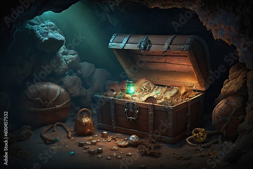 Pirates treasure chest full of coins in cave. Generative Ai.