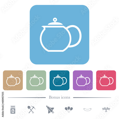 Teapot outline flat icons on color rounded square backgrounds