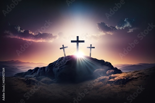 Three cross on the mountain with sun light, belief, faith and spirituality, resurrection of Jesus Christ at Easter. Generative AI.