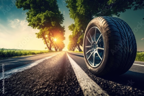 Summer tires on the asphalt road in the sun. Generative AI.