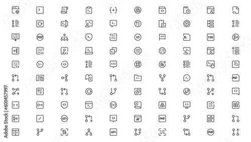 Developer icon set. Included the icons as code, programmer coding, mobile app, api, node connect, flow, logic, web coder, bug fix