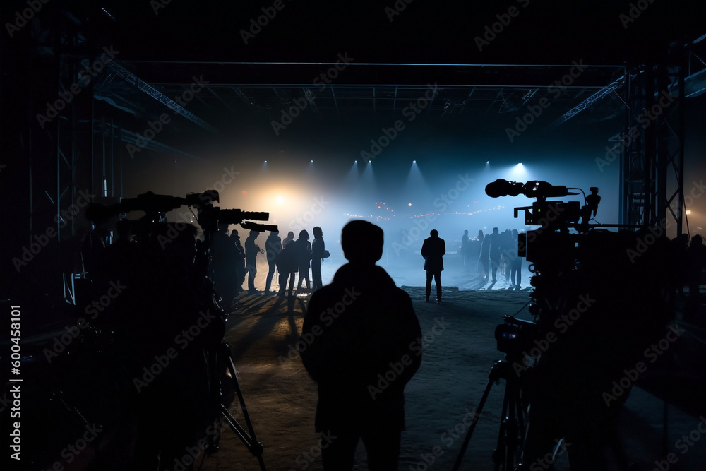 Behind the Scenes, movie production stage, cameras, equipment, studio lights, cameraman, director, actors silhouette, smoke. AI generated art