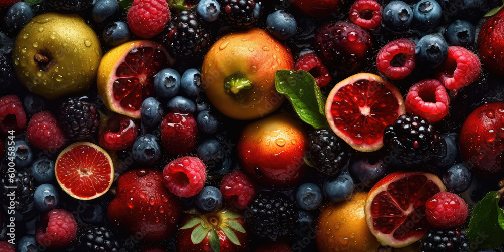 Juicy Delights. Seamless background of fresh fruits adorned with glistening drops. Vibrant pattern image. AI Generative