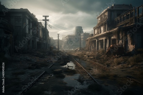 Dystopian post-apocalyptic cityscape featuring ruins and destruction. Generative AI