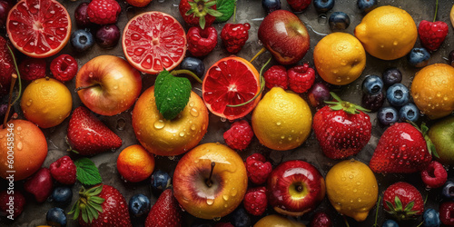 Juicy Delights. Seamless background of fresh fruits adorned with glistening drops. Vibrant pattern image. AI Generative