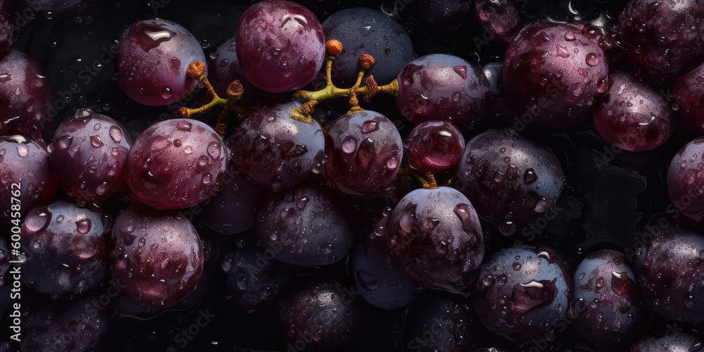 Fototapeta premium Grapevine Delight. Seamless background of fresh grapes adorned with glistening drops. Pattern image with tile-like possibilities. AI Generative