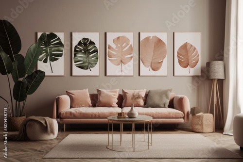 A set of framed monstera prints or posters displayed on a wall  against a neutral background  with a sense of artistic and botanical decor. Concept interior design and decoration. Generative AI