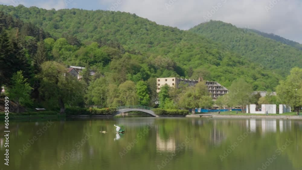 Beautiful view of small lake at Dilijan city park on sunny morning Beautiful view of small lake at Dilijan city park on sunny morning