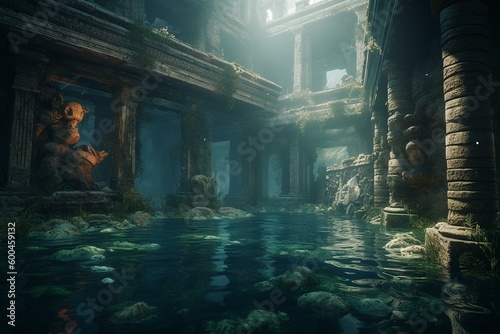 Artwork of submerged ancient city, the lost Atlantis. Generative AI
