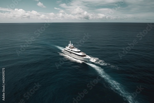 Yacht in the middle of the ocean. Generative AI.