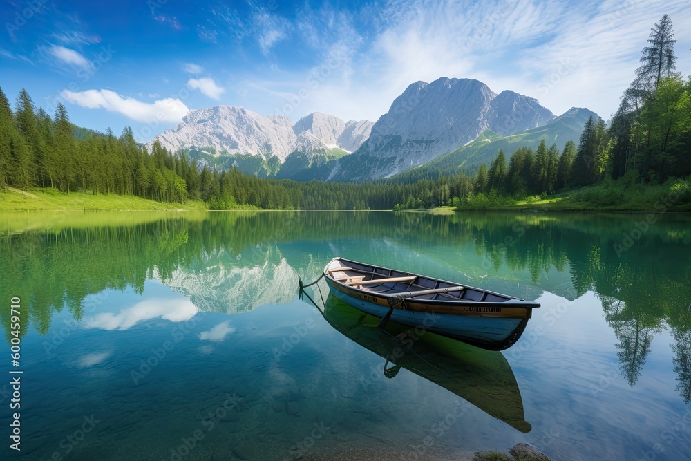 The photo features a serene lake surrounded by towering mountains with a boat. Generative AI.
