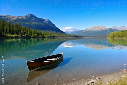 The photo features a serene lake surrounded by towering mountains with a boat. Generative AI.