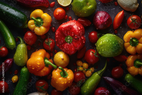 Garden Bounty Delight. Fresh Vegetables Seamless Background Adorned with Glistening Drops. Organic Farming AI Generative. 