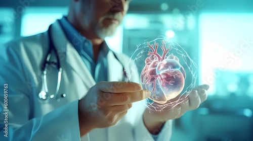 Cardiologist doctor examine patient heart functions and blood vessel on virtual interface. Medical technology and healthcare. Generative Ai. photo