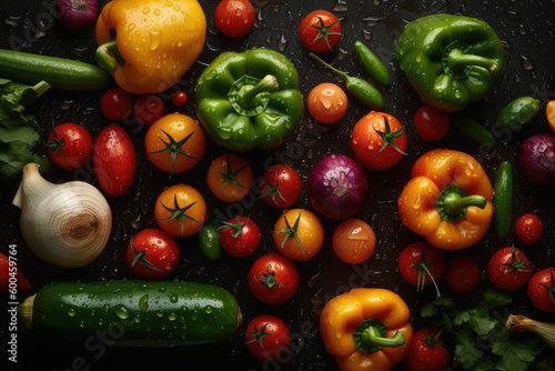 Garden Bounty Delight. Fresh Vegetables Seamless Background Adorned with Glistening Drops. Organic Farming AI Generative. 