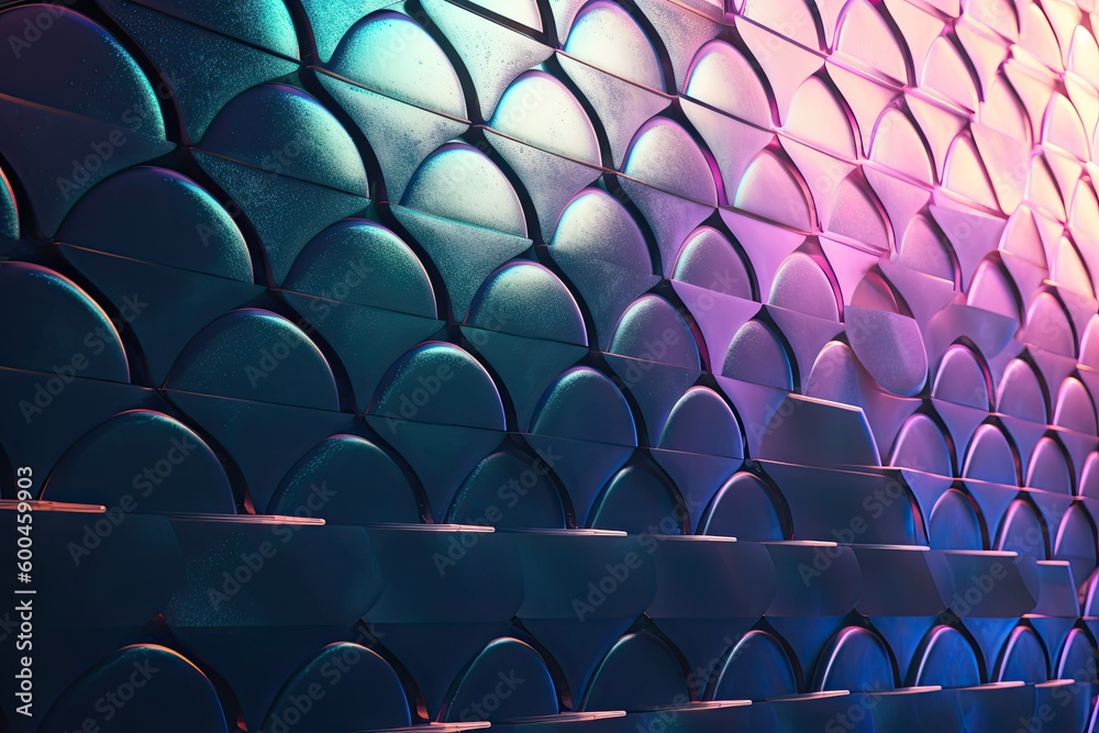 Obraz premium Smooth and iridescent wall with fish scale tiles and futuristic. Cyan and Magenta fish scale tiles. Generative AI.