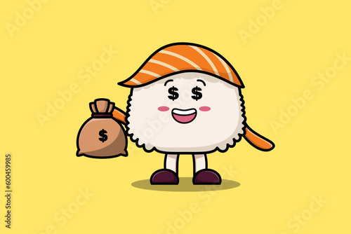 Cute cartoon Crazy rich Sushi with money bag shaped funny in modern design illustration