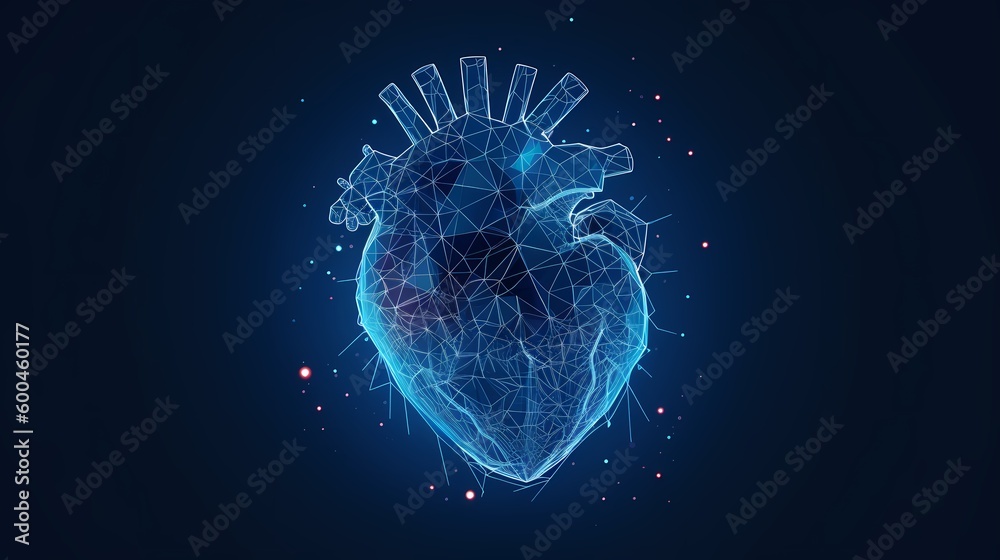 Human heart anatomy form lines and triangles, point connecting network on blue background. Illustration. Generative Ai.