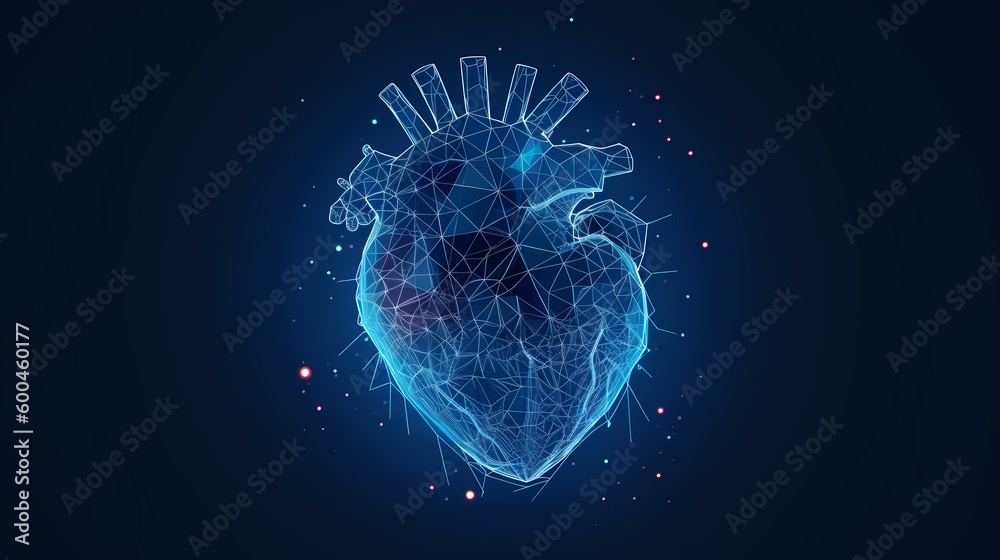 Human heart anatomy form lines and triangles, point connecting network on blue background. Illustration. Generative Ai. Human heart anatomy form lines and triangles, point connecting network on blue background. Illustration. Generative Ai.