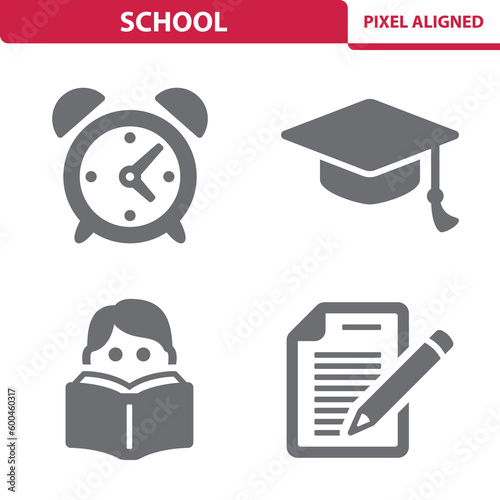 School Icons. Education, Alarm Clock, Mortarboard, Student Vector Icon
