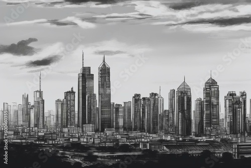 A black and white sketch of the urban skyline from a distance. Generative AI